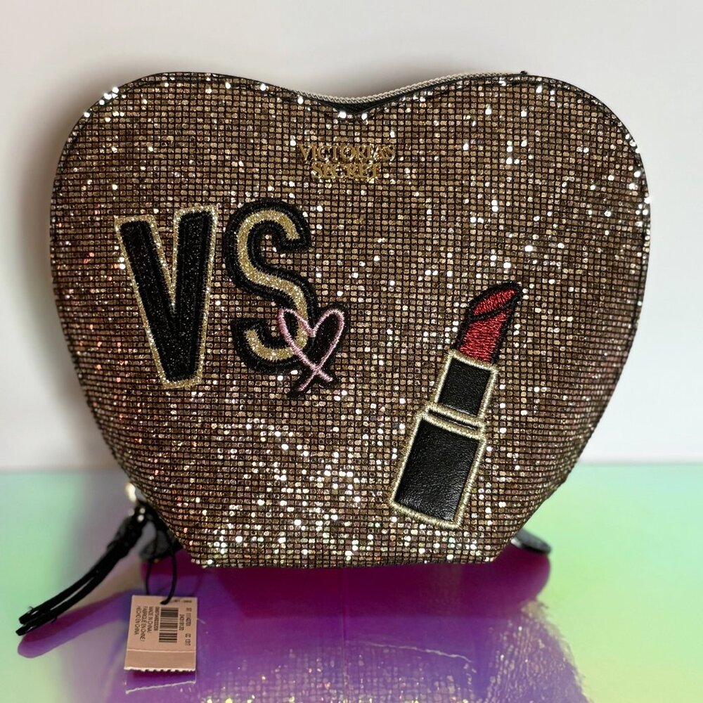 NEW VICTORIA'S SECRET GOLD GLITTER SEQUIN HEART COSMETIC BAG MAKEUP CASE